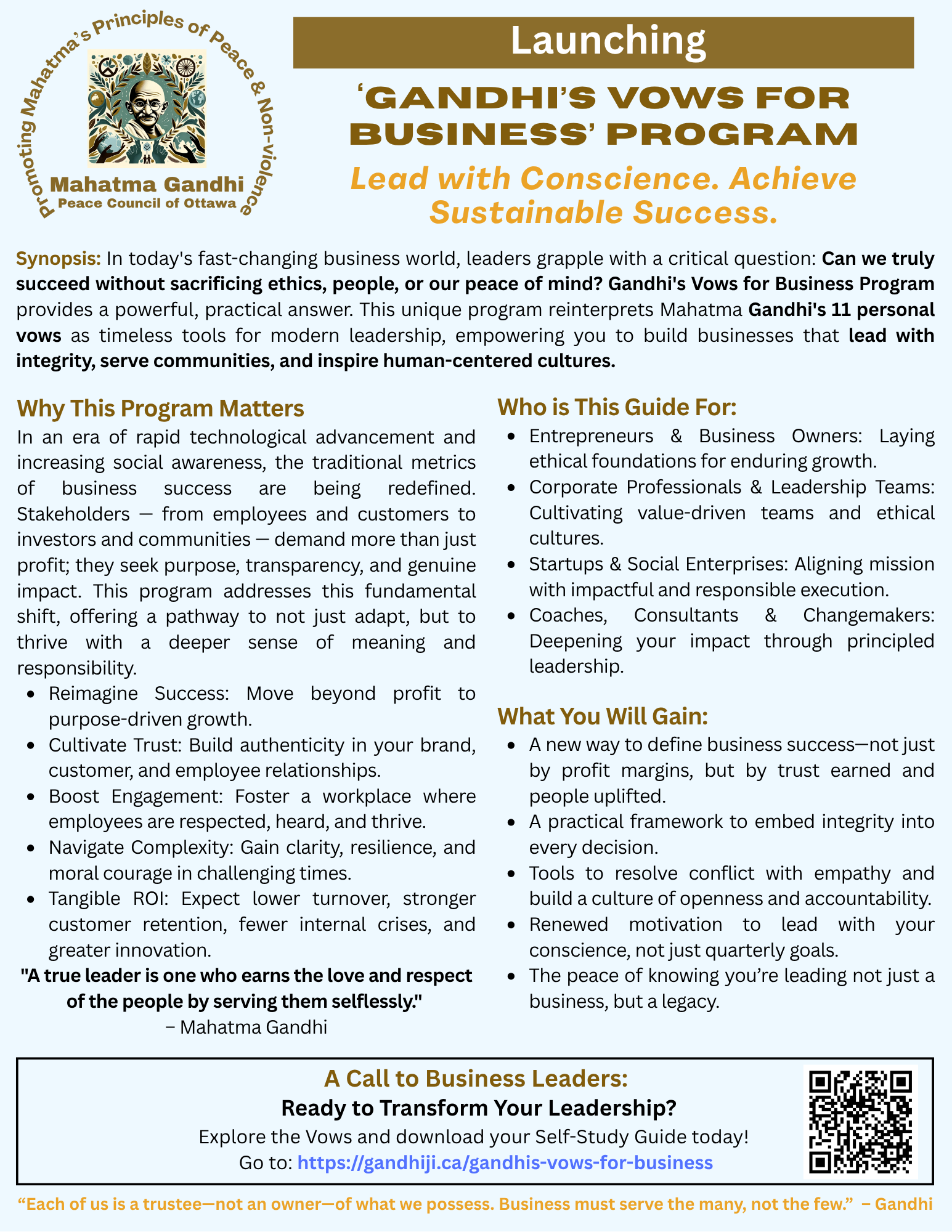 Poster - Launching Gandhi's Vows for Business Program