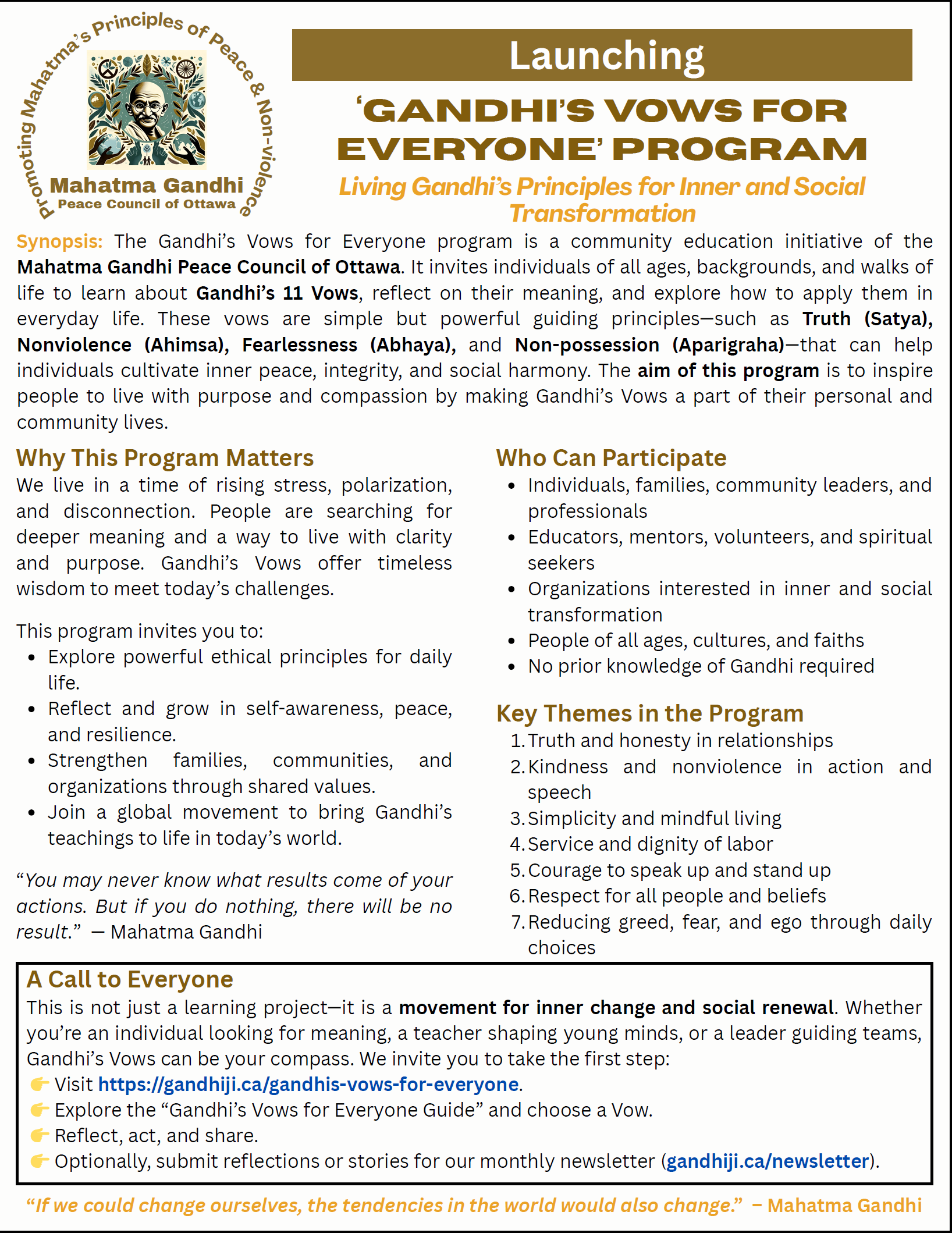 Poster - Launching Gandhi's Vows for Everyone